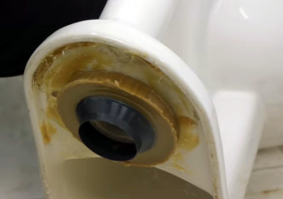 Underside of a toilet with a fresh wax ring set on the outlet