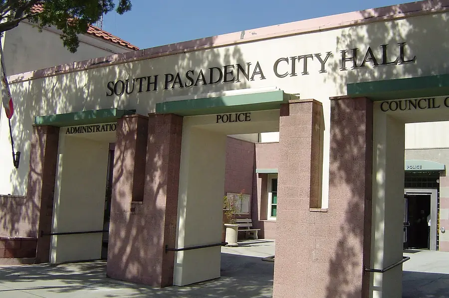 Entrance of South Pasadena City Hall with its name above the doorway