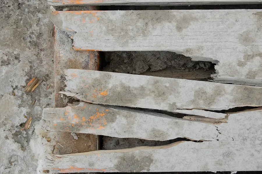 Cracked and weathered wood boards with peeling gray paint along the edges