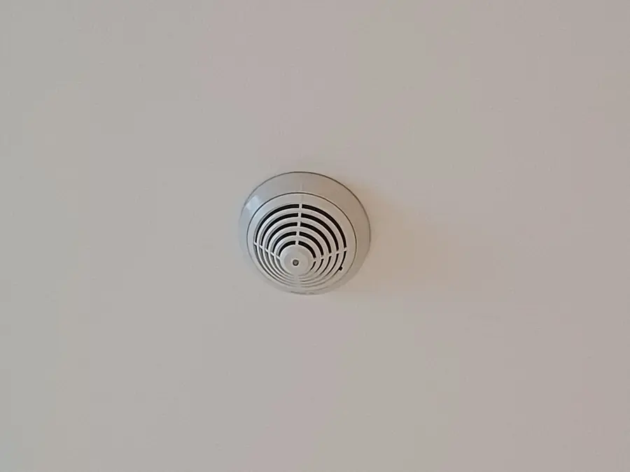 Small round smoke detector mounted on a white ceiling