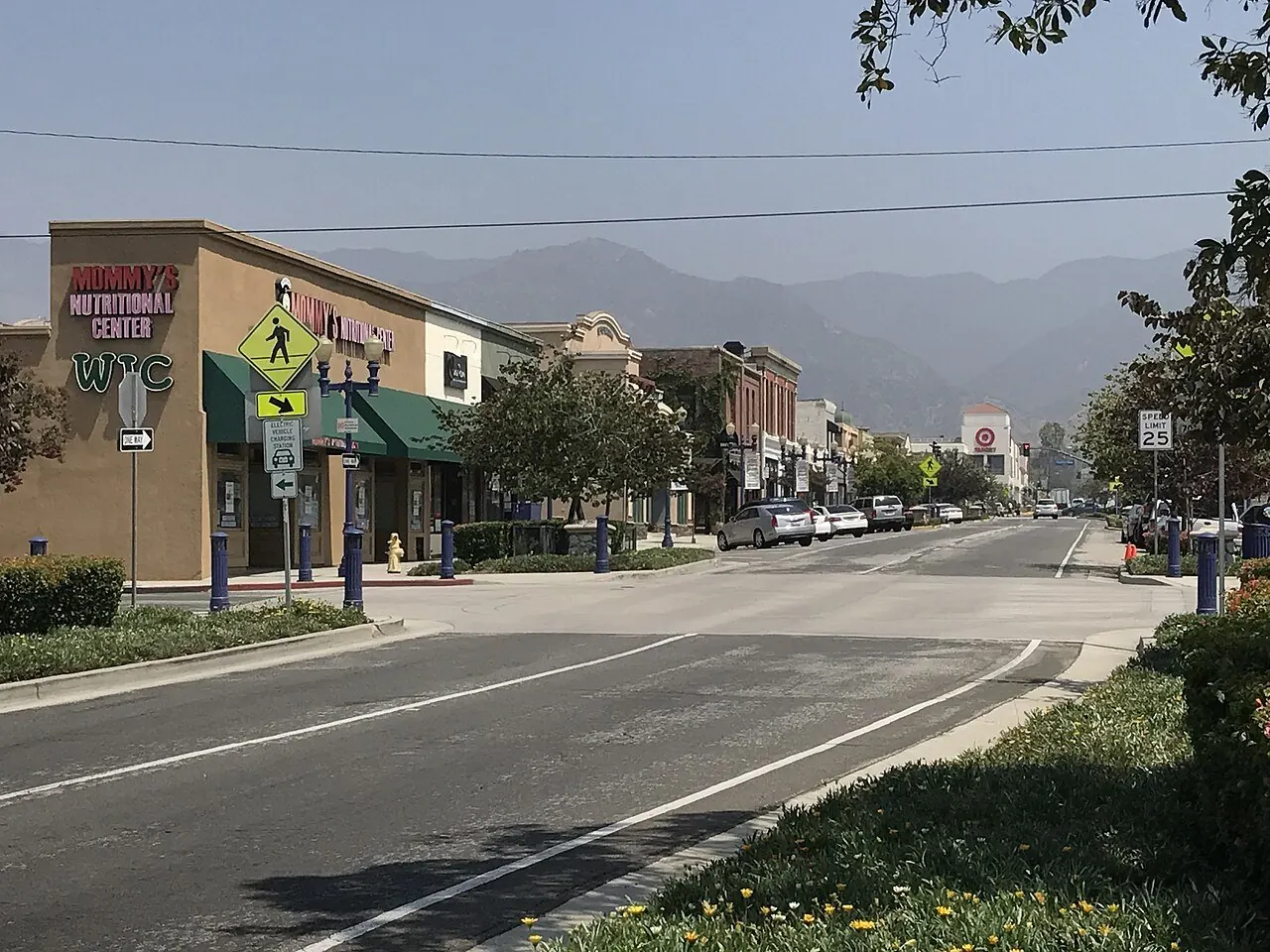 Storefronts along a street in downtown Azusa