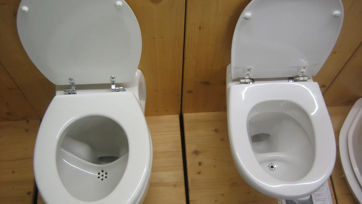 Two white toilets with their lids open