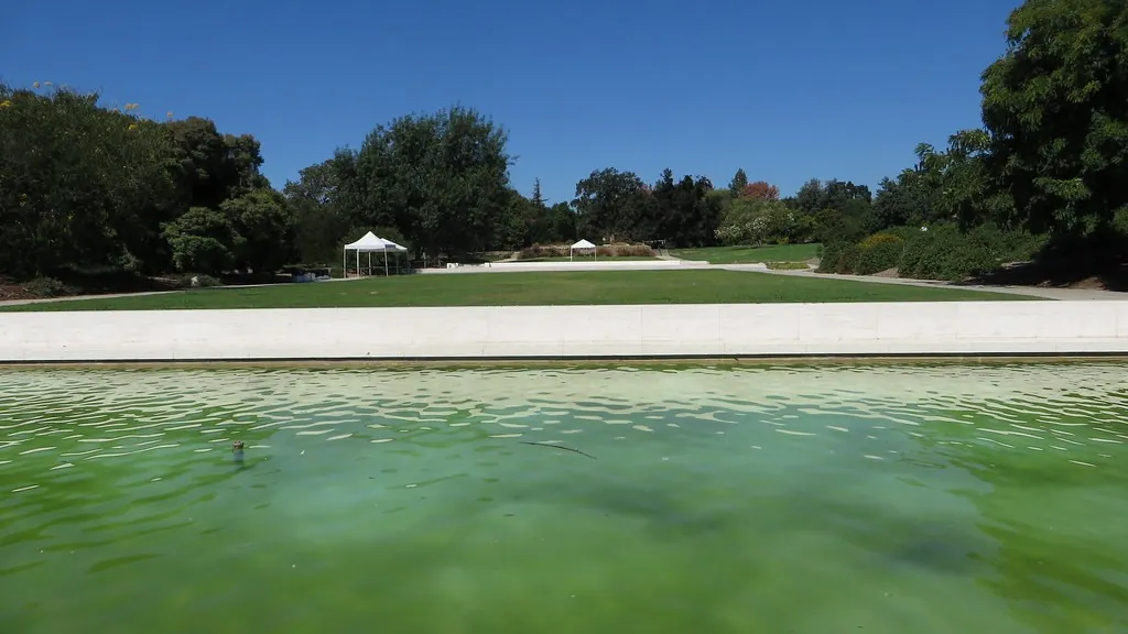 Long reflecting pool and lawn at the Arboretum in Arcadia